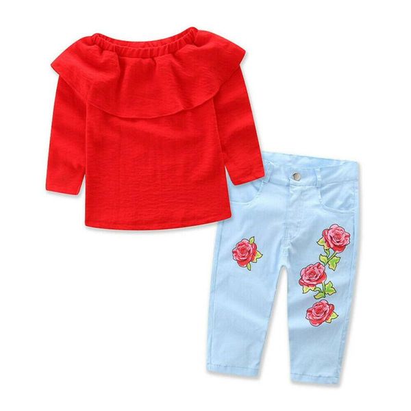 clothing sets kids baby girl t-shirt +denim jeans pants floral clothes outfits 2pcs set, White 
clothing sets kids baby girl t-shirt +denim jeans pants floral clothes outfits 2pcs set, White
