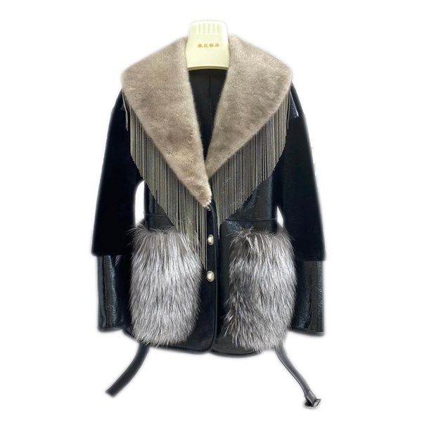 women's fur & faux imported whole mink collar and one leather lamb hair mid-length slim fashion jacket female light (ee28), Black
women's fur & faux imported whole mink collar and one leather lamb hair mid-length slim fashion jacket female light (ee28), Black