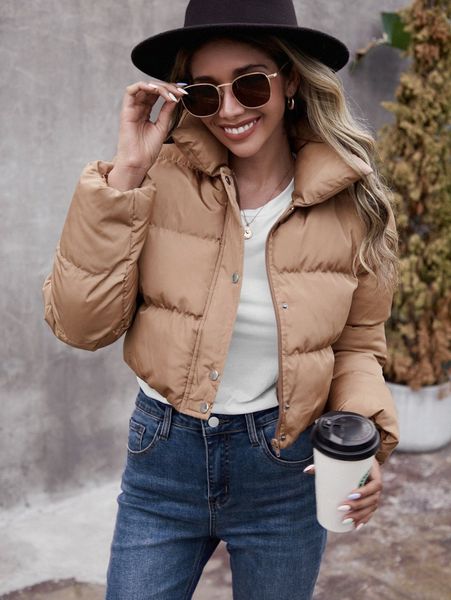 zip up snap button crop puffer coat 81we#, Black