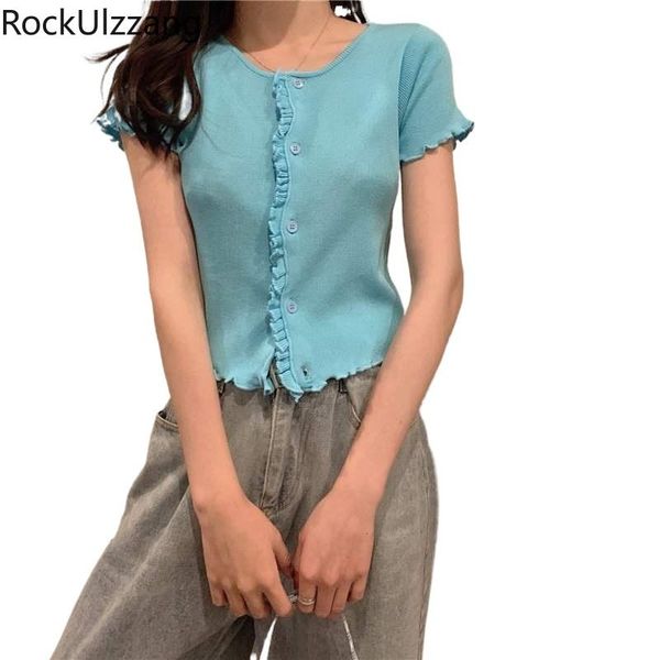 women's t-shirt frill ruffles button o-neck knit clothing short sleeve simple summer slim cute t shirt crop korean cropped tee, White
women's t-shirt frill ruffles button o-neck knit clothing short sleeve simple summer slim cute t shirt crop korean cropped tee, White
