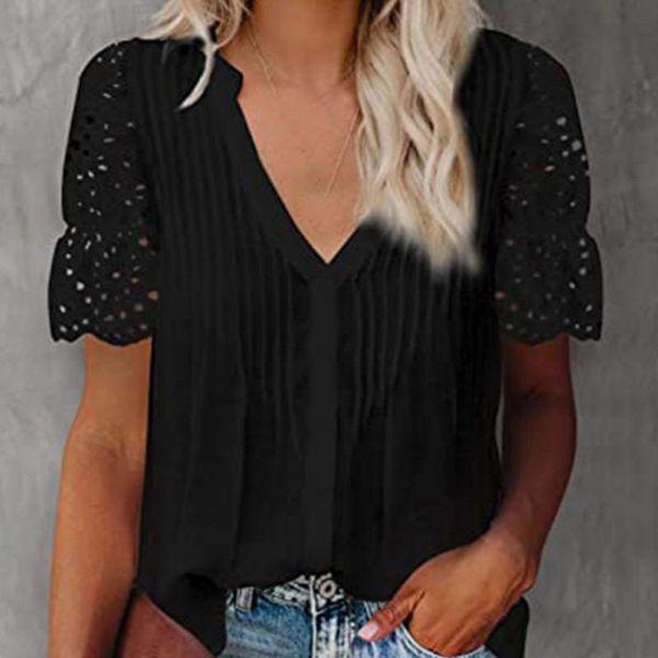 women's t-shirt fashion v-neck splicing pleated t-shirts female short-sleeved chiffon shirt women, White
women's t-shirt fashion v-neck splicing pleated t-shirts female short-sleeved chiffon shirt women, White