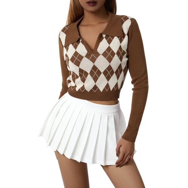 women's sweaters vintage preppy style argyle pattern lapel pullover knitted women long sleeve slim crop casual knitwear, White;black
women's sweaters vintage preppy style argyle pattern lapel pullover knitted women long sleeve slim crop casual knitwear, White;black