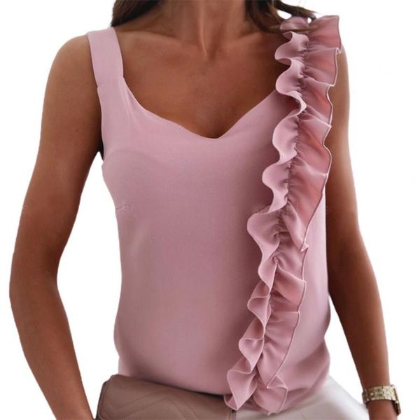 women's tanks & camis chic women blouse sleeveless solid color ruffle shoulder strap vest streetwear for office, White
women's tanks & camis chic women blouse sleeveless solid color ruffle shoulder strap vest streetwear for office, White