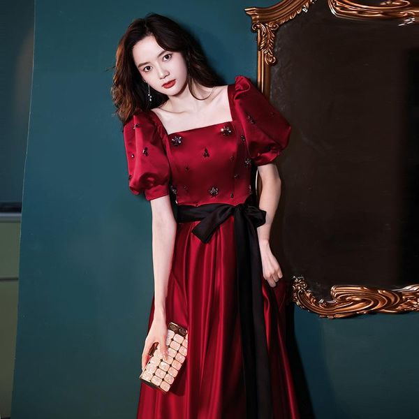 ethnic clothing fashion women burgundy square neck prom party dresses summer french satin backless long vestidos, Red