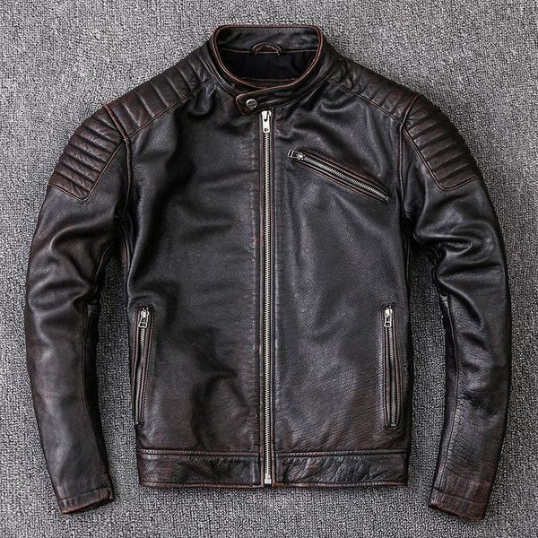men's leather & faux genuine jacket short retro vintage casual stand collar cowhide motorcycle male bike coat, Black
men's leather & faux genuine jacket short retro vintage casual stand collar cowhide motorcycle male bike coat, Black