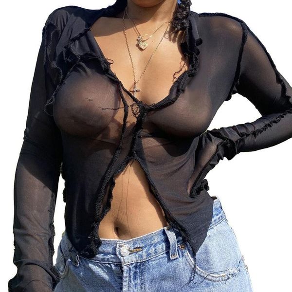women's t-shirt perspective mesh long sleeve v-neck t-shirts slim short black fashion stitching summer t shirt, White
women's t-shirt perspective mesh long sleeve v-neck t-shirts slim short black fashion stitching summer t shirt, White