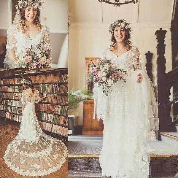boho wedding dresses short sleeves bridal gown lace backless sweep train appliqued custom made plus size beach vestidos de novia, White
boho wedding dresses short sleeves bridal gown lace backless sweep train appliqued custom made plus size beach vestidos de novia, White
