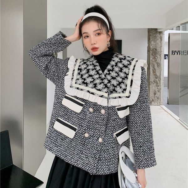 women's wool & blends sailor collar ruffles embroidery plaid woolen coat winter autumn women vintage elegant double breasted loose fren, Black
women's wool & blends sailor collar ruffles embroidery plaid woolen coat winter autumn women vintage elegant double breasted loose fren, Black