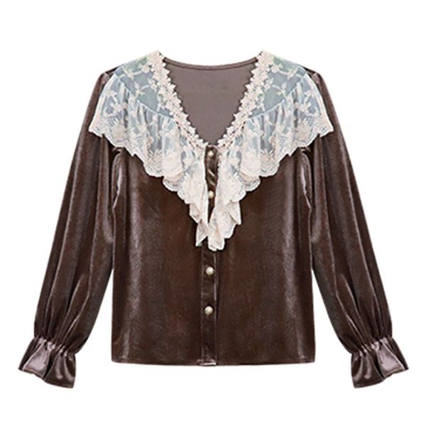 women black brown velvet v neck long sleeve shirt button lace elegant chic b0722 210514, White
women black brown velvet v neck long sleeve shirt button lace elegant chic b0722 210514, White