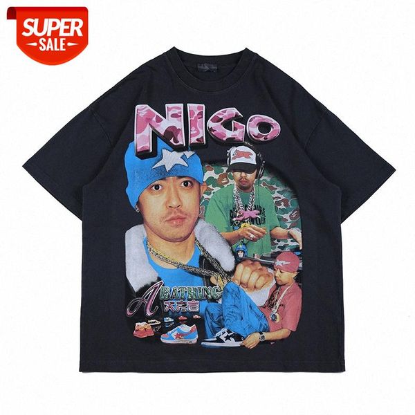 european and american high street retro distressed round neck t-shirt hipster characters hip-hop print short-sleeved tee couple men wo #h81f, White;black 
european and american high street retro distressed round neck t-shirt hipster characters hip-hop print short-sleeved tee couple men wo #h81f, White;black