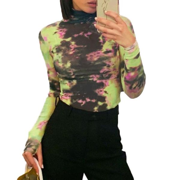 women's t-shirt women autumn long sleeve turtleneck colorful tie-dye printed bodycon fit harajuku streetwear, White
women's t-shirt women autumn long sleeve turtleneck colorful tie-dye printed bodycon fit harajuku streetwear, White