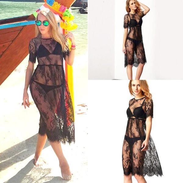 women's swimwear perspective lace halter short sleeve beach dress swimsuit cover up sheer backless, White;black
women's swimwear perspective lace halter short sleeve beach dress swimsuit cover up sheer backless, White;black