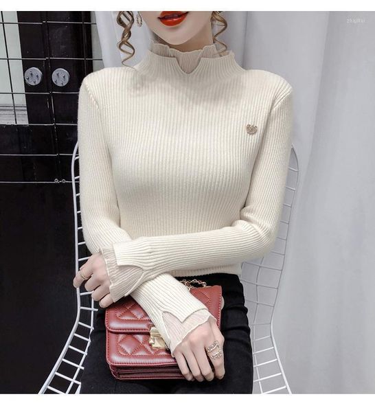 autumn and winter ruffled half turtleneck sweater women's slim short base knitted sweaters, White;black
autumn and winter ruffled half turtleneck sweater women's slim short base knitted sweaters, White;black
