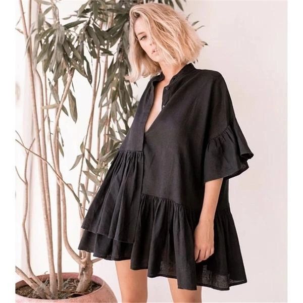 irregular 2020 new solid large collar lotus sleeve straight dress for women, White;black
irregular 2020 new solid large collar lotus sleeve straight dress for women, White;black
