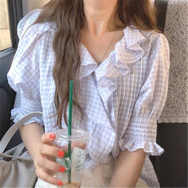 women's blouses & shirts 2021 arrivals summer women blouse shirt korean chic v-neck ruffled puff sleeved retro plaid blusas frensh tee, White
women's blouses & shirts 2021 arrivals summer women blouse shirt korean chic v-neck ruffled puff sleeved retro plaid blusas frensh tee, White