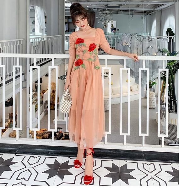 a line summer vintage mesh floral rose embroidery long women female puff sleeve square collar backless fold evening party dress, Black;gray
a line summer vintage mesh floral rose embroidery long women female puff sleeve square collar backless fold evening party dress, Black;gray