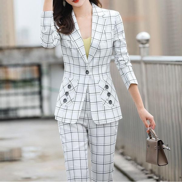 women's two piece pants plaid small suit fashion long-sleeved business wear temperament slim, White
women's two piece pants plaid small suit fashion long-sleeved business wear temperament slim, White