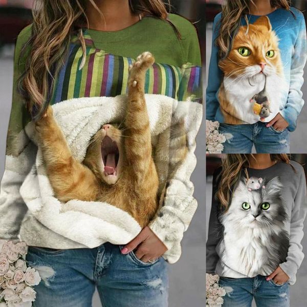 women's t-shirt mouse and cat printed sweatshirt long sleeve round neck loose type for women helh889, White
women's t-shirt mouse and cat printed sweatshirt long sleeve round neck loose type for women helh889, White