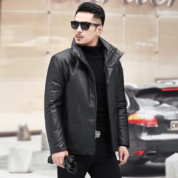 men's leather & faux fur jacket with collar, Black