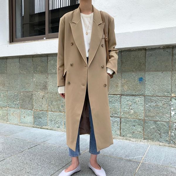 women's trench coats korean autumn temperament lapel double-breasted loose cardigan over-the-knee mid-length blazer coat women, Tan;black
women's trench coats korean autumn temperament lapel double-breasted loose cardigan over-the-knee mid-length blazer coat women, Tan;black