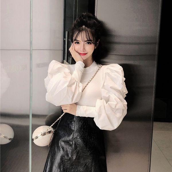 spring autumn women's puff sleeve shirt o-neck stitching bottoming white pullover long woman gd501 210506
spring autumn women's puff sleeve shirt o-neck stitching bottoming white pullover long woman gd501 210506