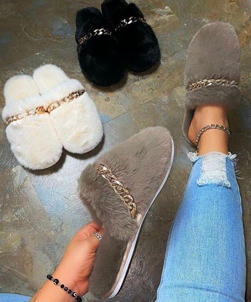 winter metal chain flat bottom furry home ladies plus size slippers comfortable and versatile whol, Black
winter metal chain flat bottom furry home ladies plus size slippers comfortable and versatile whol, Black