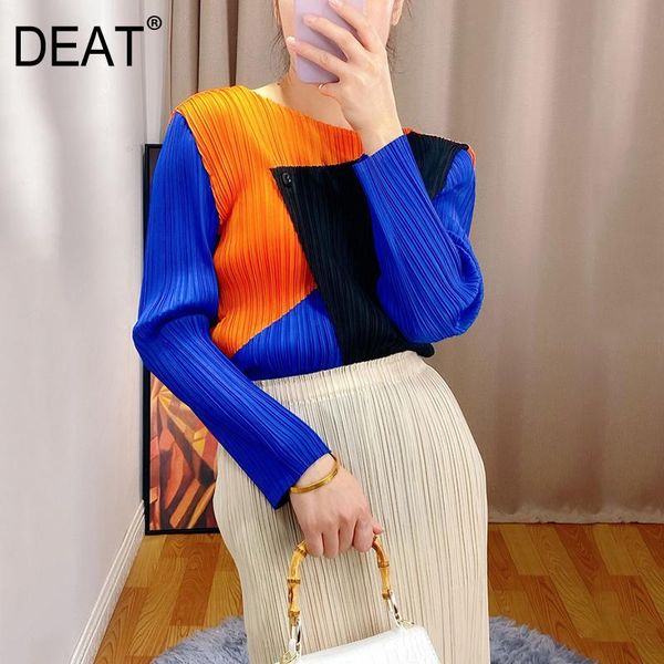 women's t-shirt women pleated hit color one button round neck long sleeve pullover elastic wild 2022 summer fashion 15ht334, White
women's t-shirt women pleated hit color one button round neck long sleeve pullover elastic wild 2022 summer fashion 15ht334, White