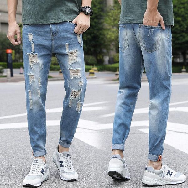 Men's Jeans Men jeans denim trendy brand with nine-point hole slim feet summer thin begging rotten pants, high quality Q6A2, Blue
Men's Jeans Men jeans denim trendy brand with nine-point hole slim feet summer thin begging rotten pants, high quality Q6A2, Blue