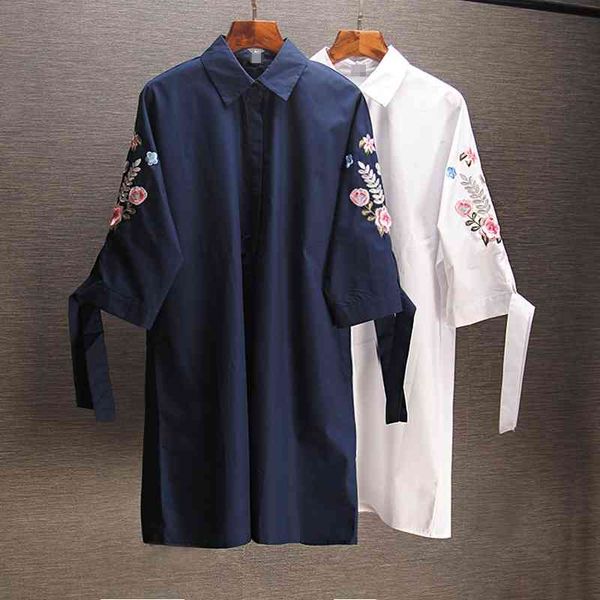 chinese embroidery lapel long seven sleeve white shirt spring and autumn women's plus size blouse women 210615
chinese embroidery lapel long seven sleeve white shirt spring and autumn women's plus size blouse women 210615