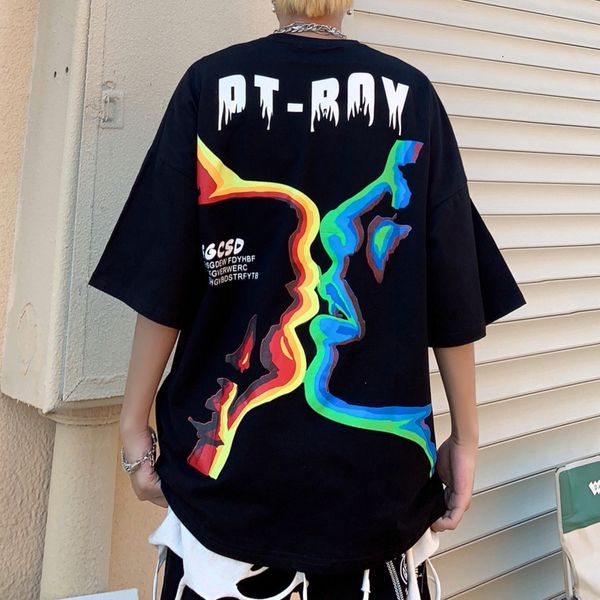 t shirt 2021 summer street hip hop trendy men's loose fitting short sleeve, White;black
t shirt 2021 summer street hip hop trendy men's loose fitting short sleeve, White;black