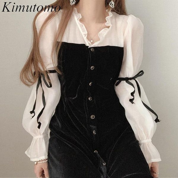 casual dresses kimutomo elegant women velvet dress korea spring gentle v-neck clothing ladies fuguns patchwork flare sleeve vestidos chic, Black;gray 
casual dresses kimutomo elegant women velvet dress korea spring gentle v-neck clothing ladies fuguns patchwork flare sleeve vestidos chic, Black;gray