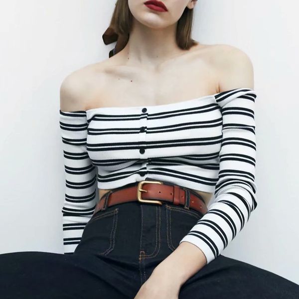za women tees summer long sleeve striped printed slash neck loose t-shirt single-breasted chic 210422, White
za women tees summer long sleeve striped printed slash neck loose t-shirt single-breasted chic 210422, White