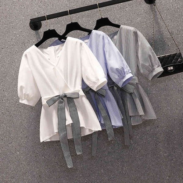 women's knits & tees 2021 new summer women fashion stripe shirt lace up v-neck short sleeve womens and blouses loose elegant, White
women's knits & tees 2021 new summer women fashion stripe shirt lace up v-neck short sleeve womens and blouses loose elegant, White