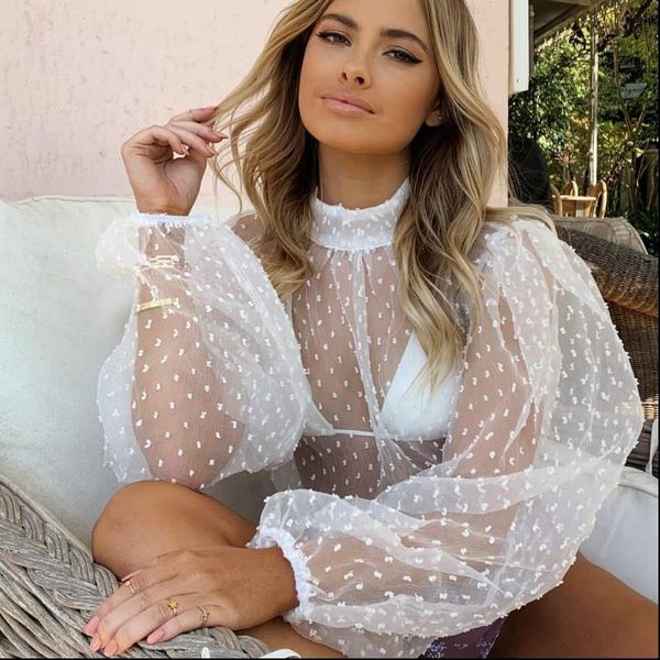 women t shirts polka dot mesh sheer see through puff long sleeve tees turtleneck dots tee shirt perspective, White
women t shirts polka dot mesh sheer see through puff long sleeve tees turtleneck dots tee shirt perspective, White