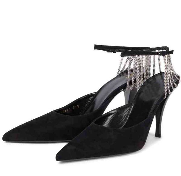 sling elegant vesper sandals shoes for women chain-trimmed suede pointed toe brand pumps chain-embellished ankle straps lady high heels, Black
sling elegant vesper sandals shoes for women chain-trimmed suede pointed toe brand pumps chain-embellished ankle straps lady high heels, Black