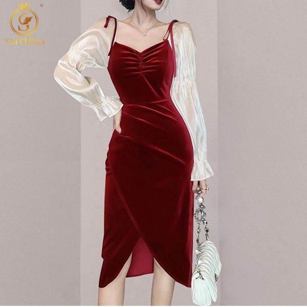 fashion speing ladies temperament french spaghetti strap dress robe women's long sleeve velvet vestido 210520, Black;gray
fashion speing ladies temperament french spaghetti strap dress robe women's long sleeve velvet vestido 210520, Black;gray