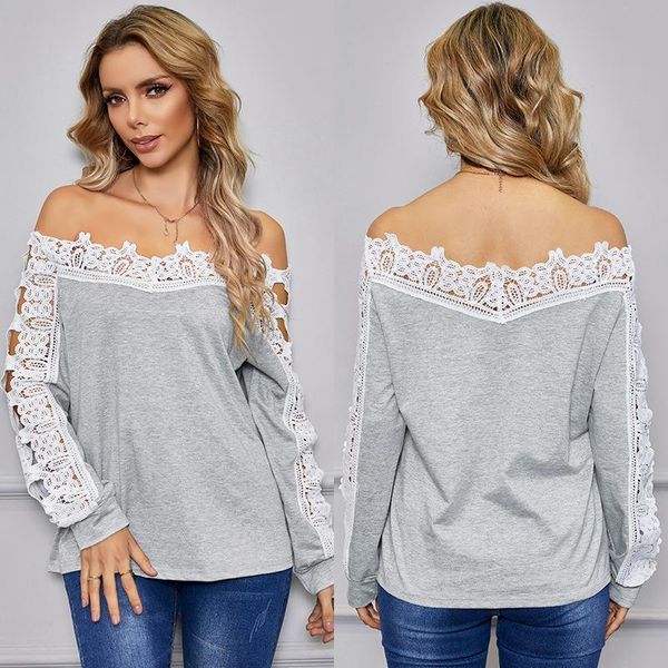 women's t-shirt lace hollow out women 2021 off shoulder lantern sleeve long slash neck patchwork shirt, White
women's t-shirt lace hollow out women 2021 off shoulder lantern sleeve long slash neck patchwork shirt, White