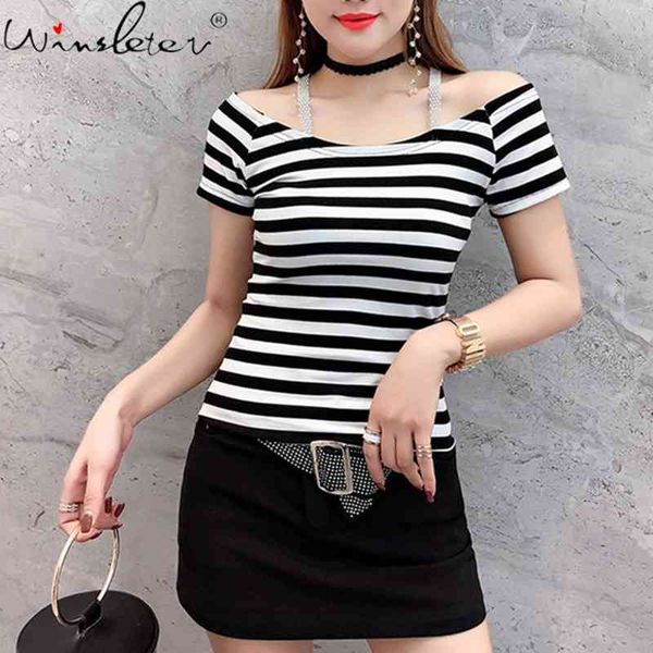 women's t-shirt summer korean clothes cotton fashion off collar striped shiny diamonds women short sleeve back tees t152, White
women's t-shirt summer korean clothes cotton fashion off collar striped shiny diamonds women short sleeve back tees t152, White