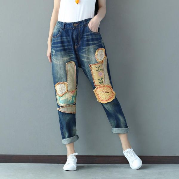 women's jeans literary retro embroidery print hole patchwork elastic waist plus size loose women casual fashion cotton personality tide, Blue
women's jeans literary retro embroidery print hole patchwork elastic waist plus size loose women casual fashion cotton personality tide, Blue