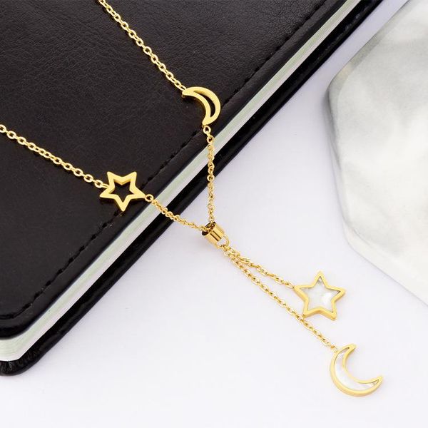 pendant necklaces korean fashion star and moon necklace women titanium steel hollow natural white shell double tassel, Silver
pendant necklaces korean fashion star and moon necklace women titanium steel hollow natural white shell double tassel, Silver