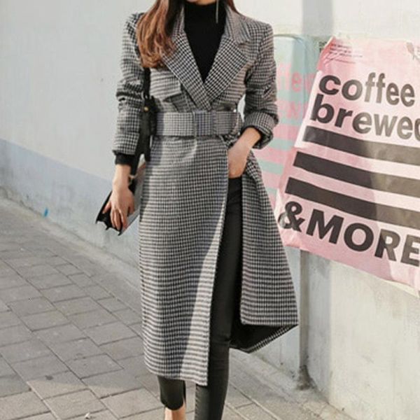 women's wool & blends notched collar houndstooth coat women fall korean elegant covered button belt waist midi long coats and jackets a, Black
women's wool & blends notched collar houndstooth coat women fall korean elegant covered button belt waist midi long coats and jackets a, Black