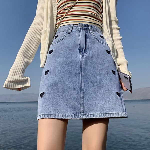 high waist denim skirt women's 2021 summer new love embroidery bag buttocks show thin a-line loose and versatile, White
high waist denim skirt women's 2021 summer new love embroidery bag buttocks show thin a-line loose and versatile, White