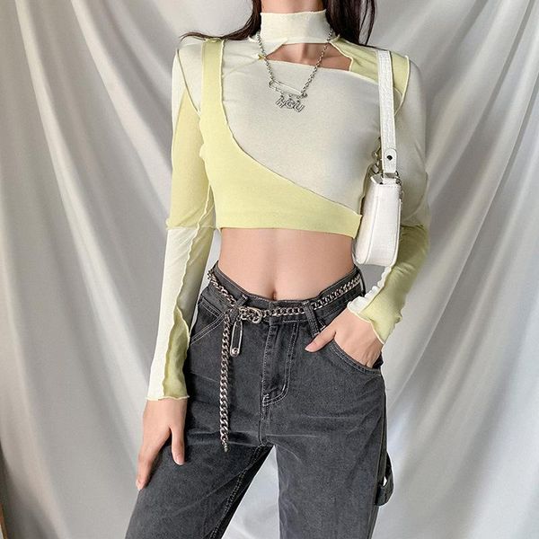 women's t-shirt women irregular crop adults long sleeve mock neck hollow out patchwork for autumn, White
women's t-shirt women irregular crop adults long sleeve mock neck hollow out patchwork for autumn, White