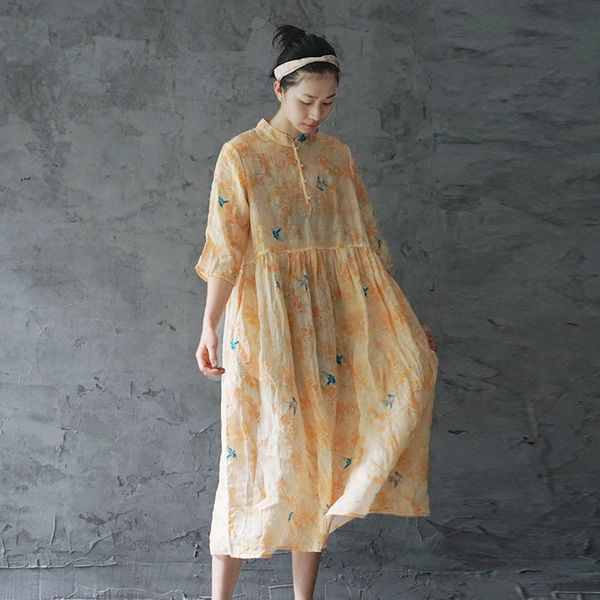 johnature summer loose retro print stand button three quarter sleeve cotton linen dress simple comfortable women dress 210521, Black;gray
johnature summer loose retro print stand button three quarter sleeve cotton linen dress simple comfortable women dress 210521, Black;gray