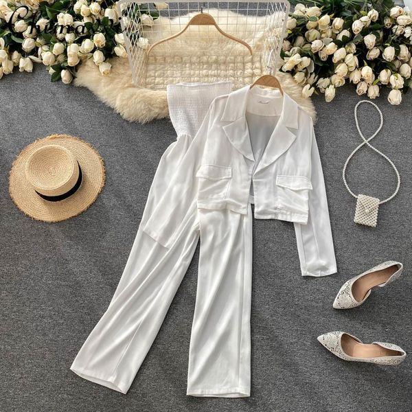 women's two piece pants summer wear elegant outfit spring long sleeve cardigan jacket tube jumpsuit sets, White
women's two piece pants summer wear elegant outfit spring long sleeve cardigan jacket tube jumpsuit sets, White