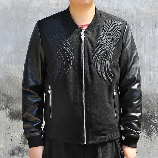 men's leather & faux bomber jacket mens fashion stand collar zip embroidery genuine long sleeve woolen coat winter casual motorcycle, Black
men's leather & faux bomber jacket mens fashion stand collar zip embroidery genuine long sleeve woolen coat winter casual motorcycle, Black