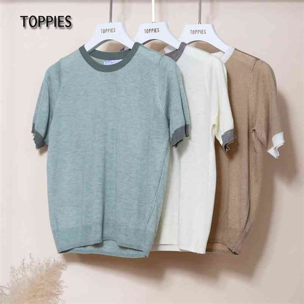 summer knitted t-shirts women short sleeve tee contrast color slim o-neck clothes 210421, White
summer knitted t-shirts women short sleeve tee contrast color slim o-neck clothes 210421, White