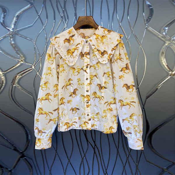 suit horse print women's blouse 2021 early spring lady peter pan collar long sleeve single breasted shirt and, White;black
suit horse print women's blouse 2021 early spring lady peter pan collar long sleeve single breasted shirt and, White;black