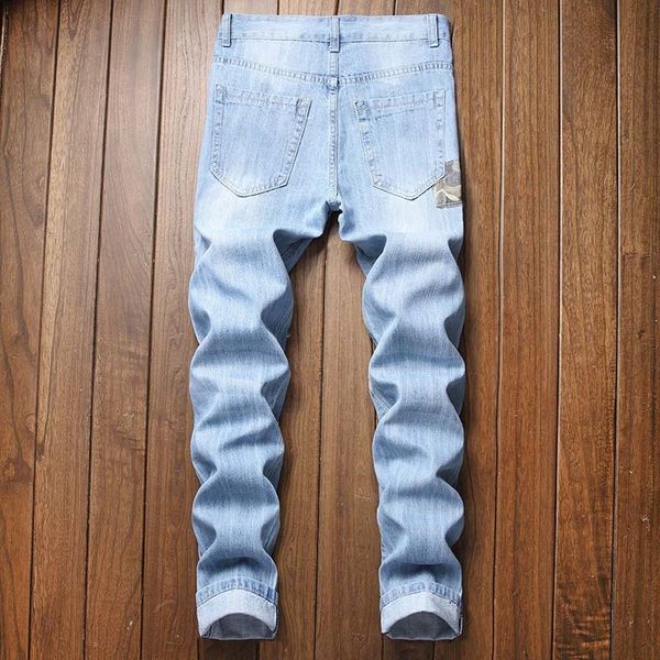 men casual denim patchwork ripped knee holes jeans bleached pencil pants elastic plus size 40 42 high quality, Blue
men casual denim patchwork ripped knee holes jeans bleached pencil pants elastic plus size 40 42 high quality, Blue