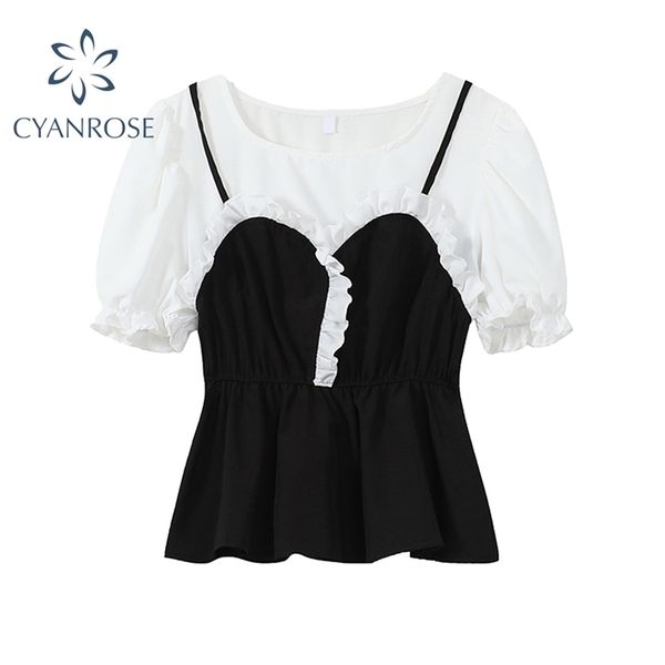 fake 2 pieces elegant patchwork ruffle blouse women's summer streetwear puff short sleeve shirts korean chic white crop 210430
fake 2 pieces elegant patchwork ruffle blouse women's summer streetwear puff short sleeve shirts korean chic white crop 210430